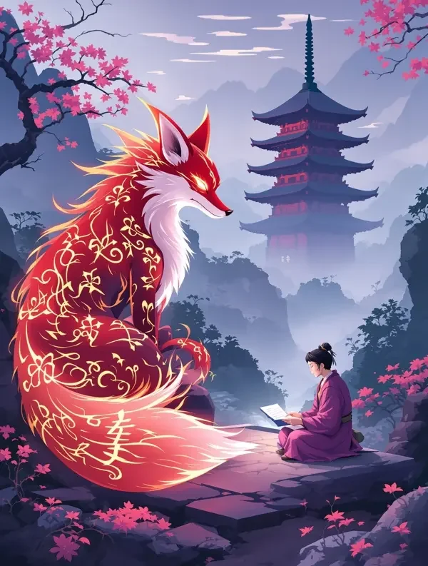 红果短剧入口《九尾送信人》原创封面，山海奇谈题材
