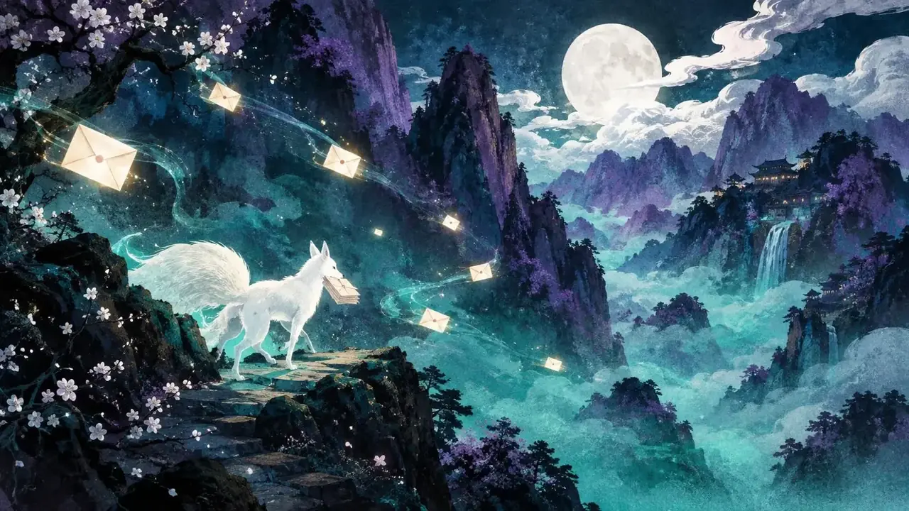 红果短剧入口《九尾送信人》首屏 红果短剧入口《九尾送信人》原创首屏主视觉,山海奇谈题材,星轨与月下回廊意象